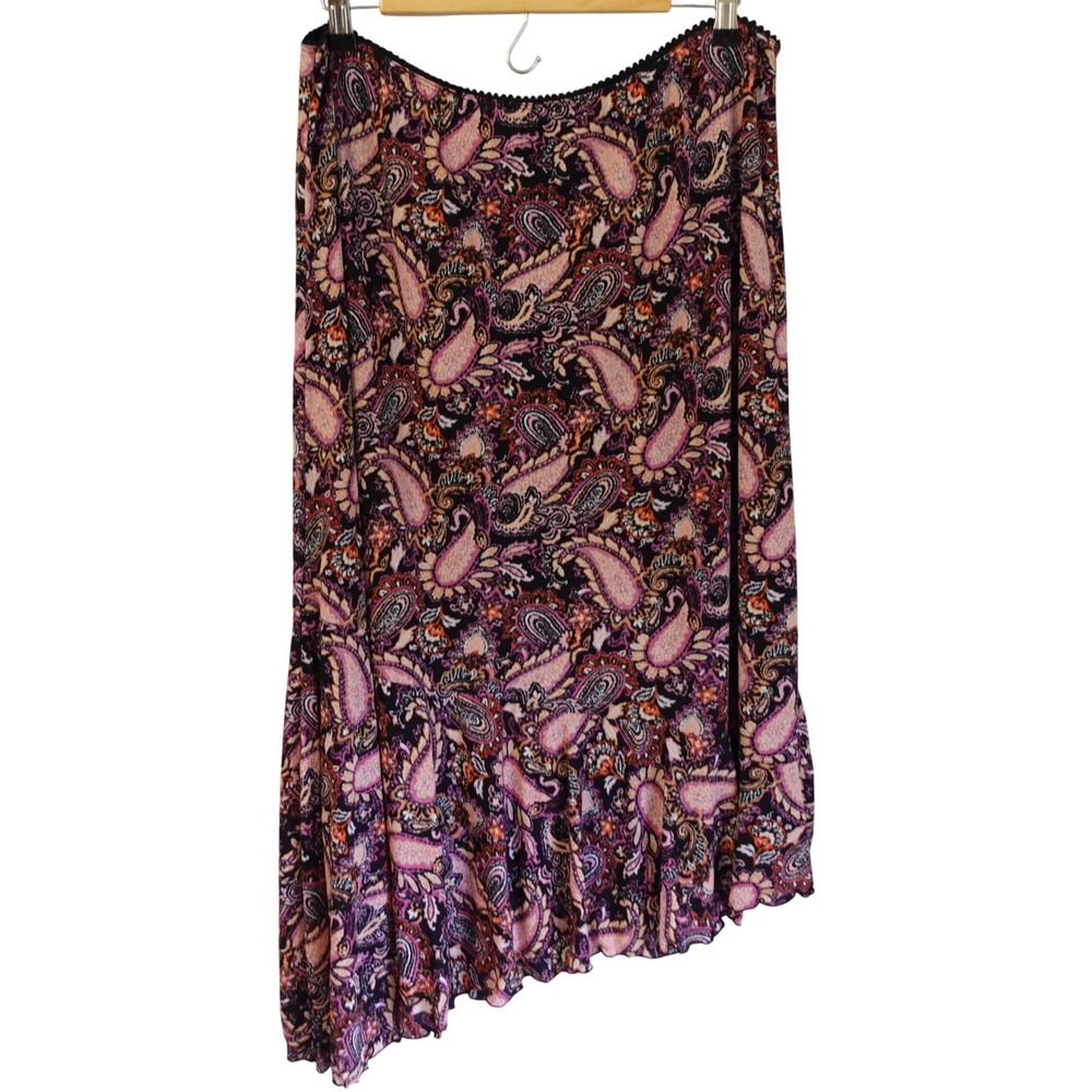 Womens Y2K Paisley Print Asymmetrical Midi Skirt Black Pink Stretchy Fairy XL